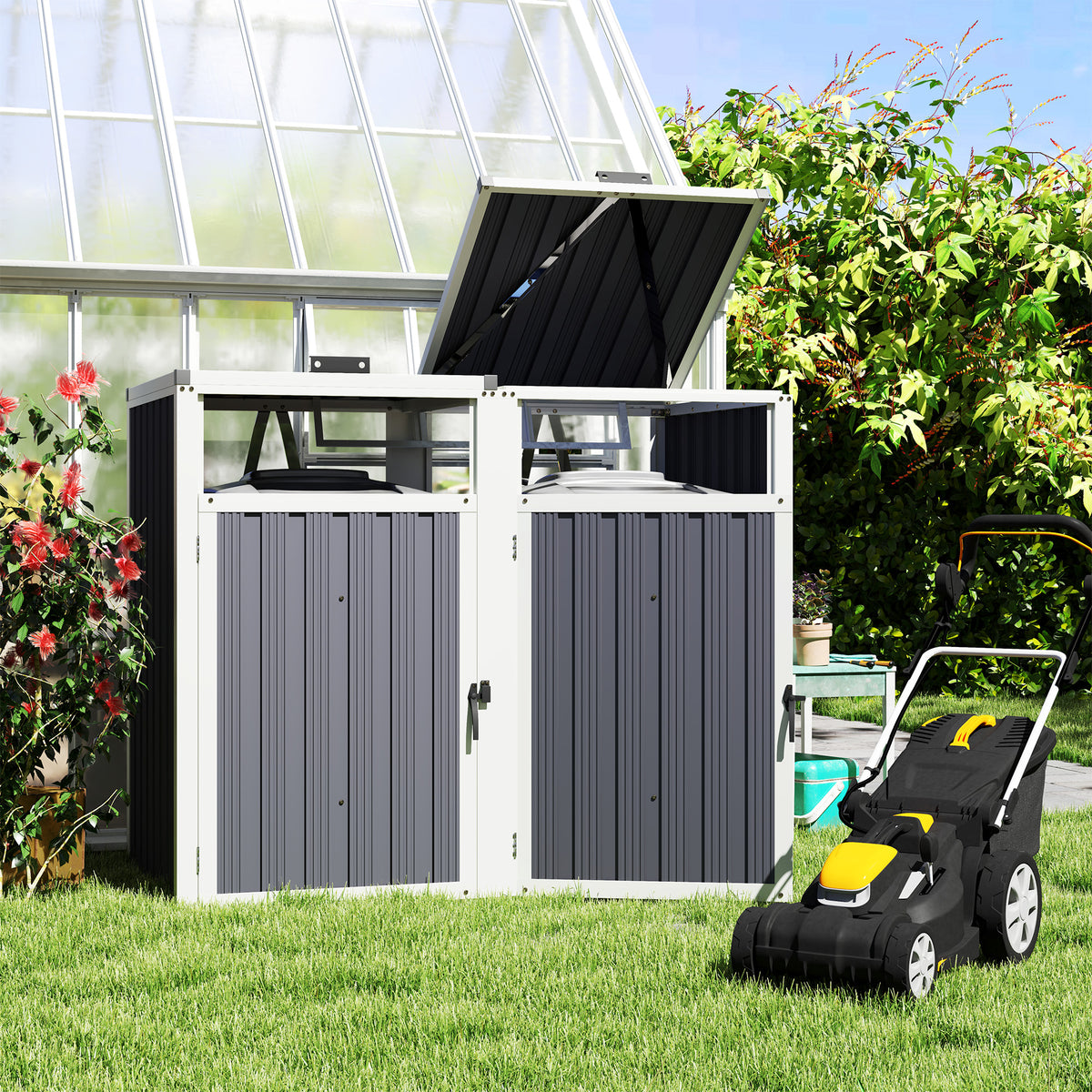 Double Garbage Bin Shed, Lockable Outdoor Storage Shed with Openable Lid, Galvanized Frame for Garden Patio