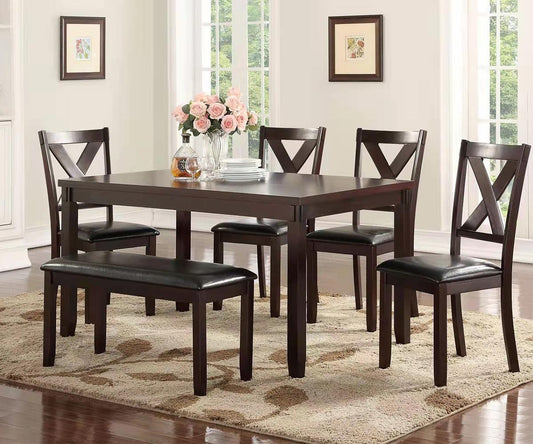 Scilla 6-Piece Dining Set – Espresso Solid Wood with Bench