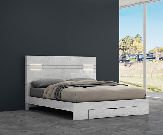 Zeke Modern King Platform Bed with LED Headboard, White High Gloss Finish