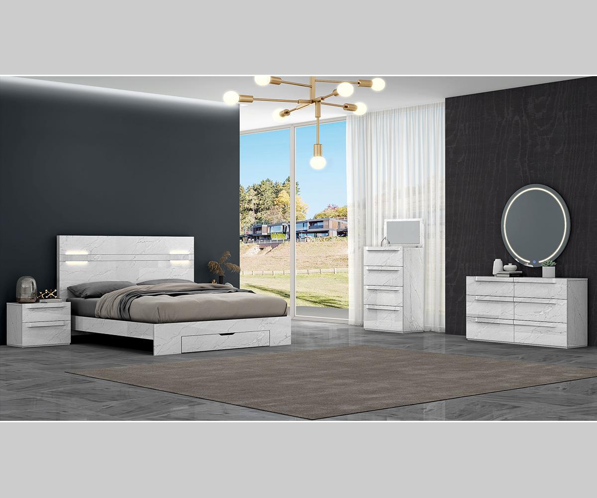 Zeke Modern King Platform Bed with LED Headboard, White High Gloss Finish