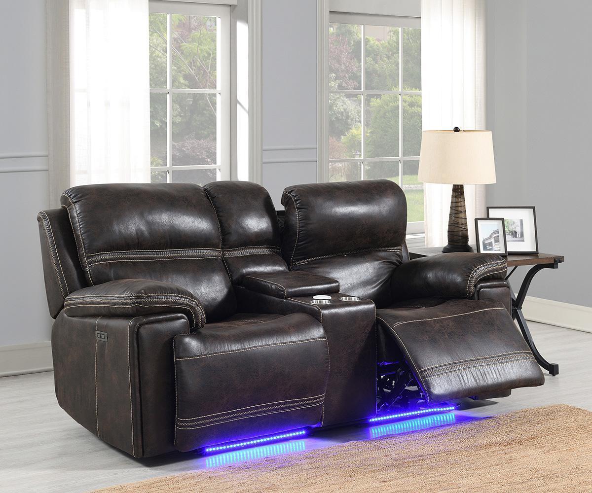 Beckley Brown Power Reclining Sofa Set with USB, Wireless Charger & LED