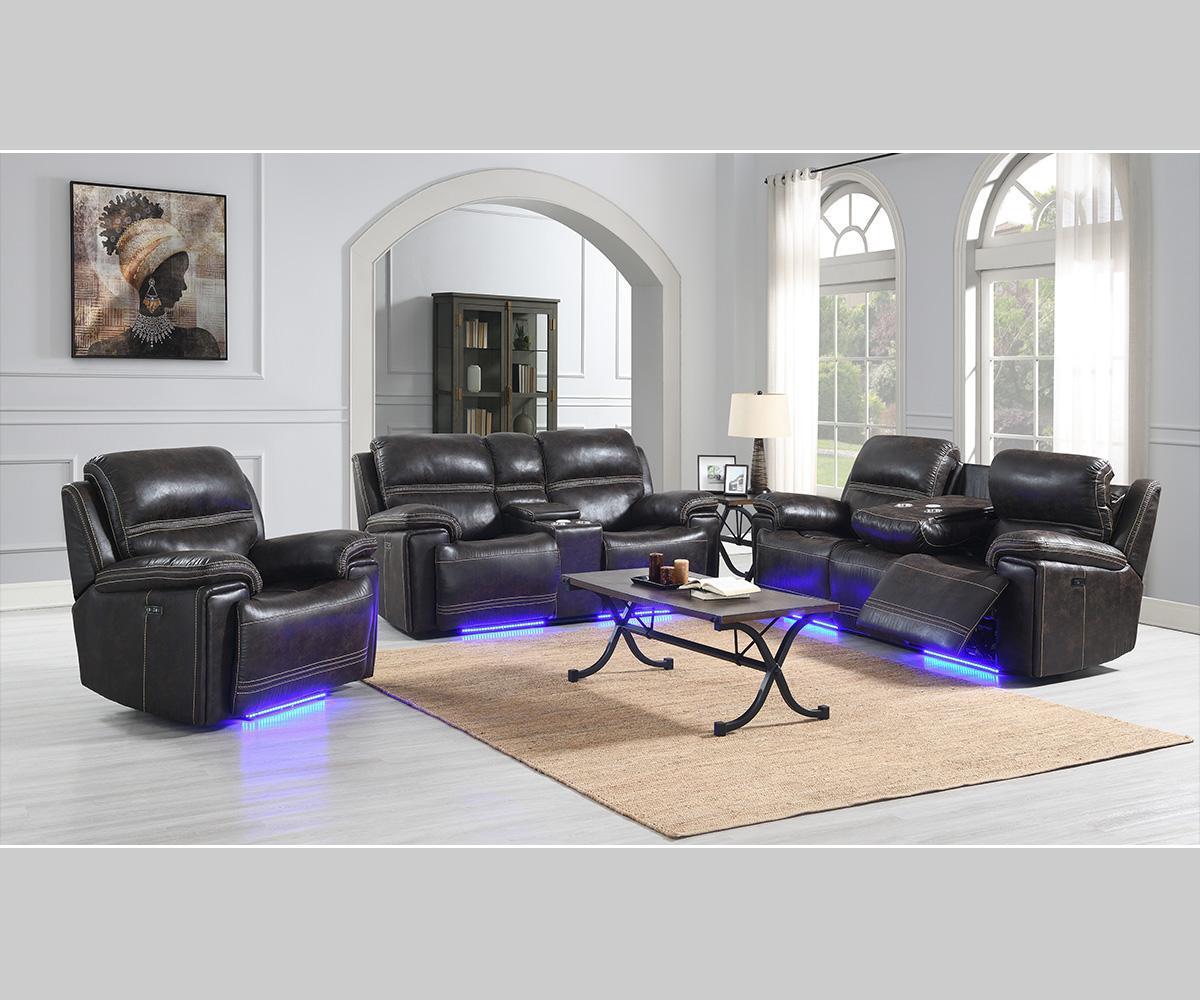 Beckley Brown Power Reclining Sofa Set with USB, Wireless Charger & LED