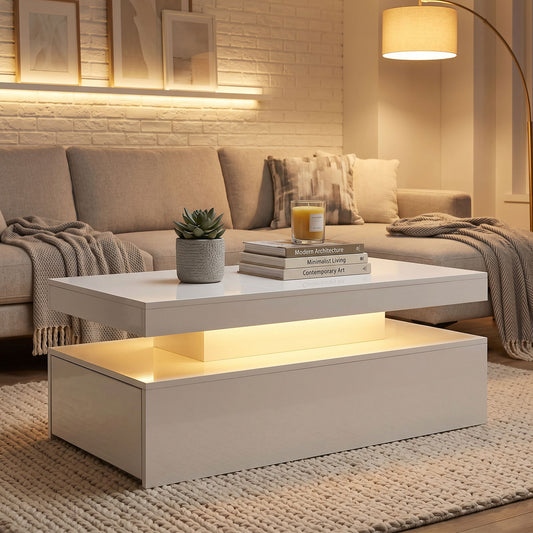 LED Coffee Table with 2 Drawers and Open Shelf, High Gloss White