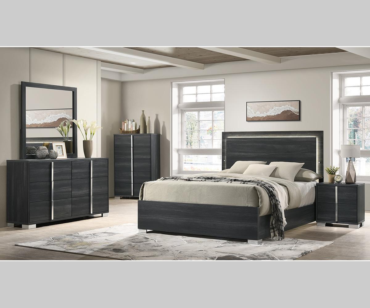 Freya Grey Modern Bedroom Set with LED Headboard, Durable Wood Construction
