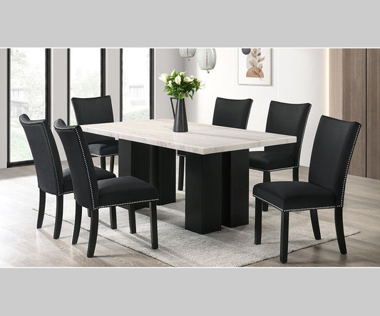 Lantana 70" White Marble-Top Dining Table – Black Wood Base