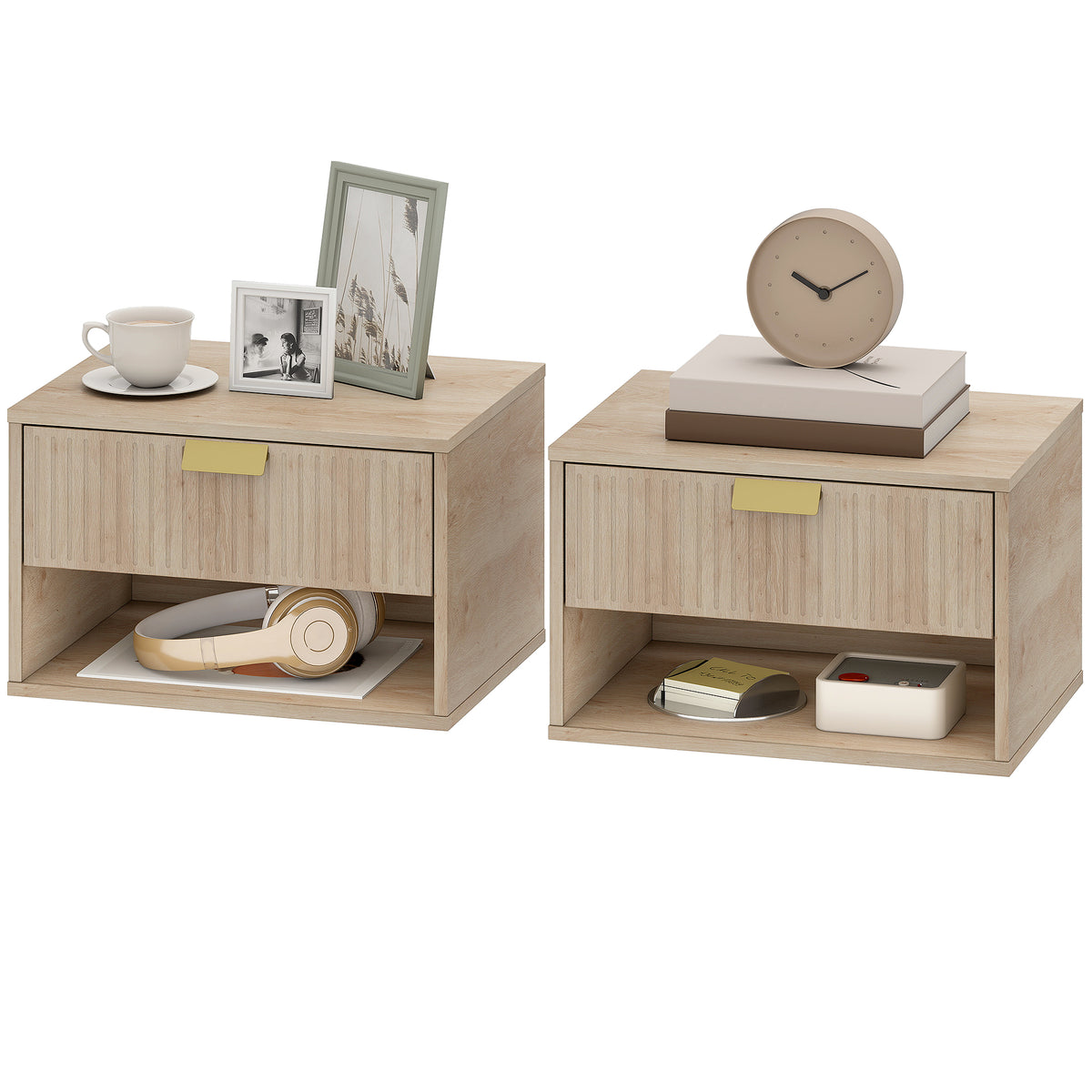 Floating Nightstands with Fluted Drawer, Set of 2 – 16"W x 10"H