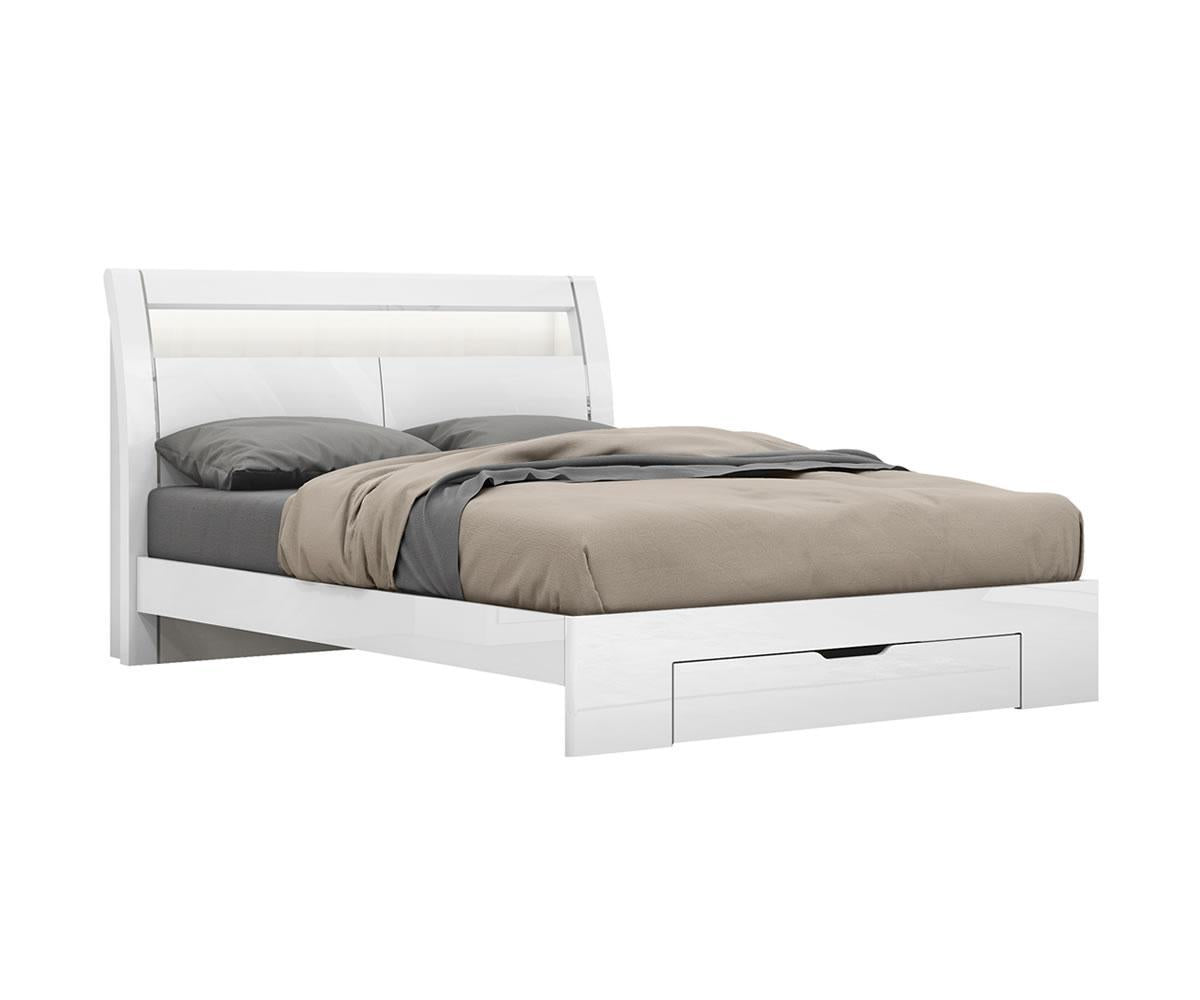 Phoebe Queen Bed Modern White Wood with LED & Storage Drawer