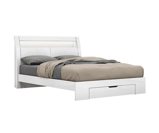 Phoebe Queen Bed Modern White Wood with LED & Storage Drawer
