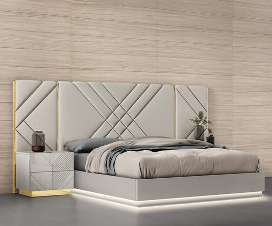 Akira King Bed: Modern Grey Upholstered with LED, Gold Accents