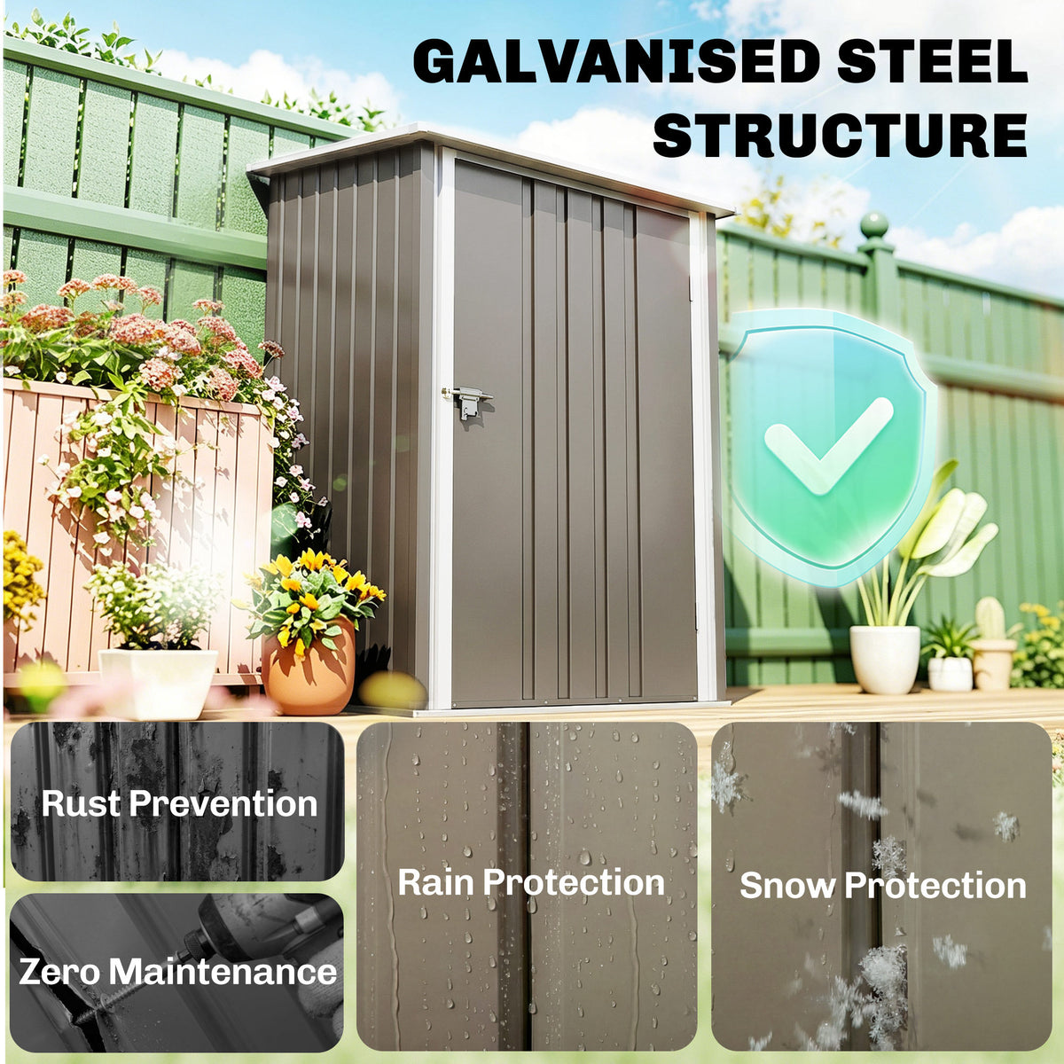 3.3' x 3.4' Lean-to Outdoor Garden Storage Shed, Galvanized Steel with Lockable Door for Patio – Brown And White