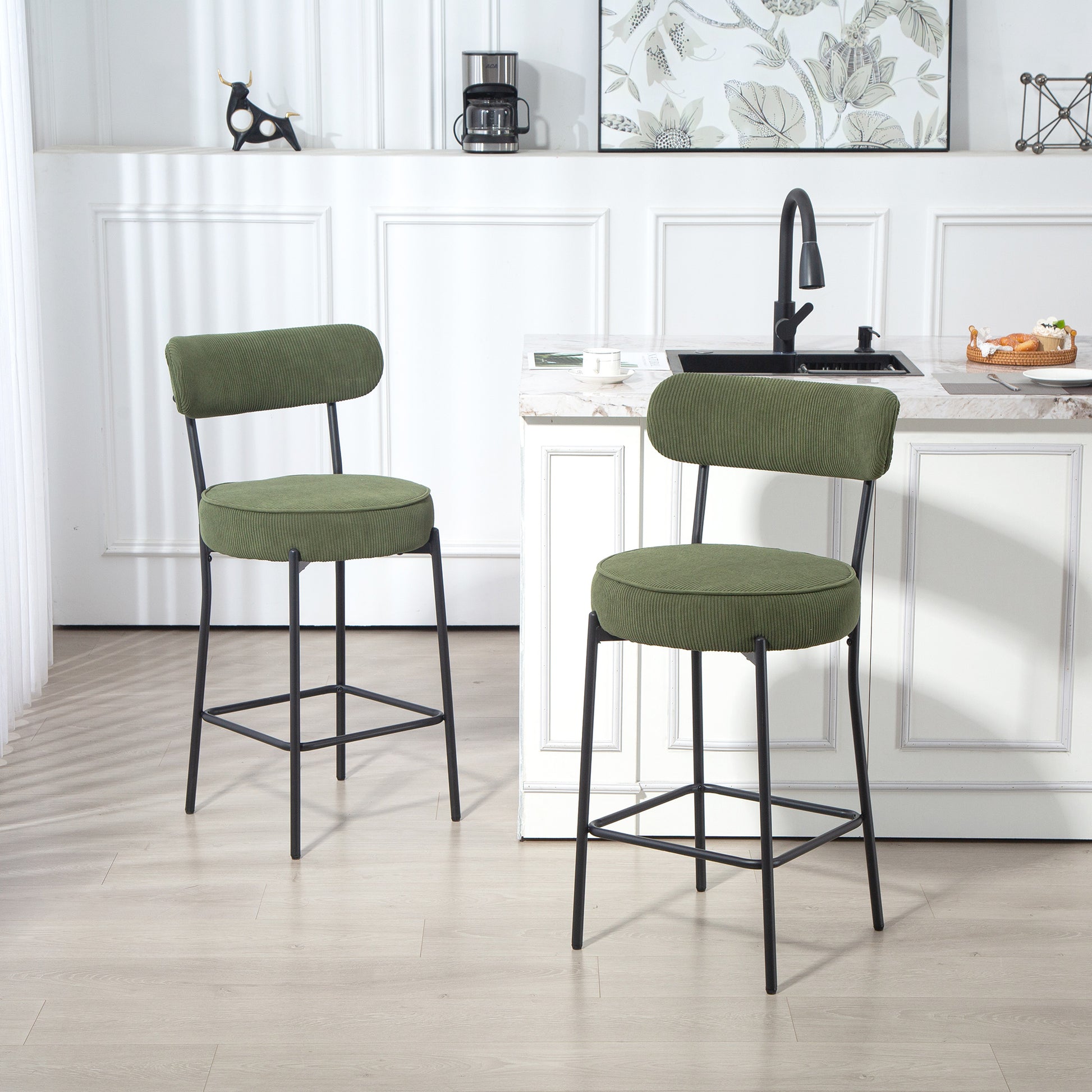 HOMCOM Set of 2 Green Corduroy Bar Stools with Backrest, Footrest