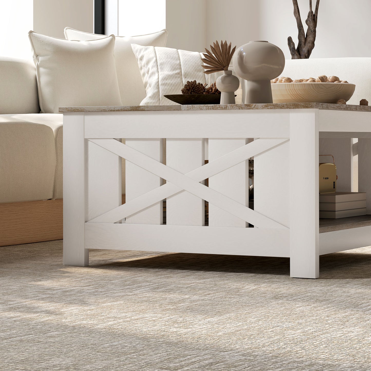 HOMCOM Farmhouse Square Coffee Table, 2-Tier Storage, Distressed Oak Brown Finish