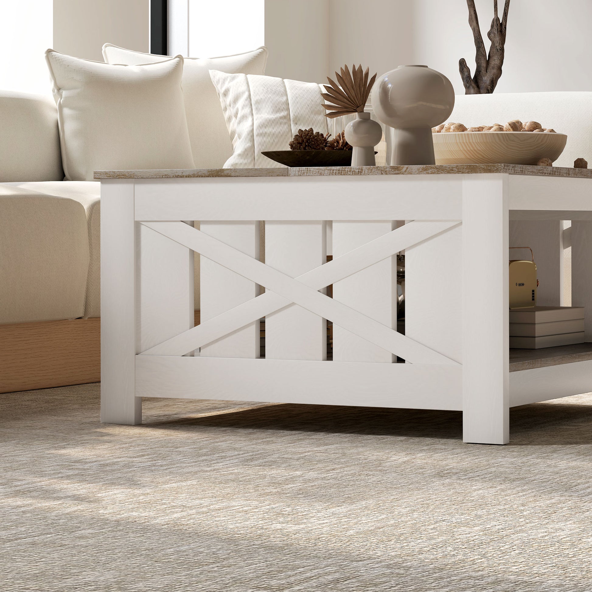 HOMCOM Farmhouse Square Coffee Table, 2-Tier Storage, Distressed Oak Brown Finish