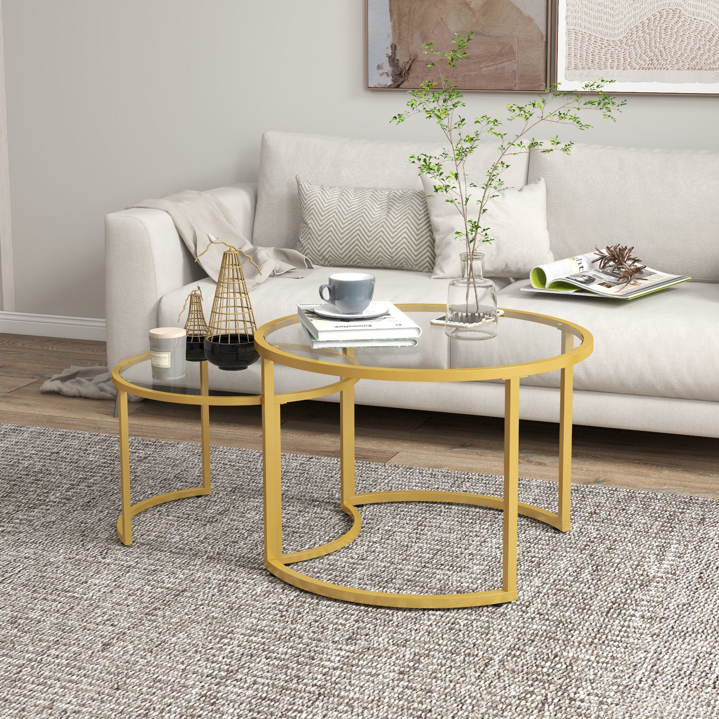 HOMCOM Modern Round Nesting Coffee Table Set - Tempered Glass & Gold Steel Frame