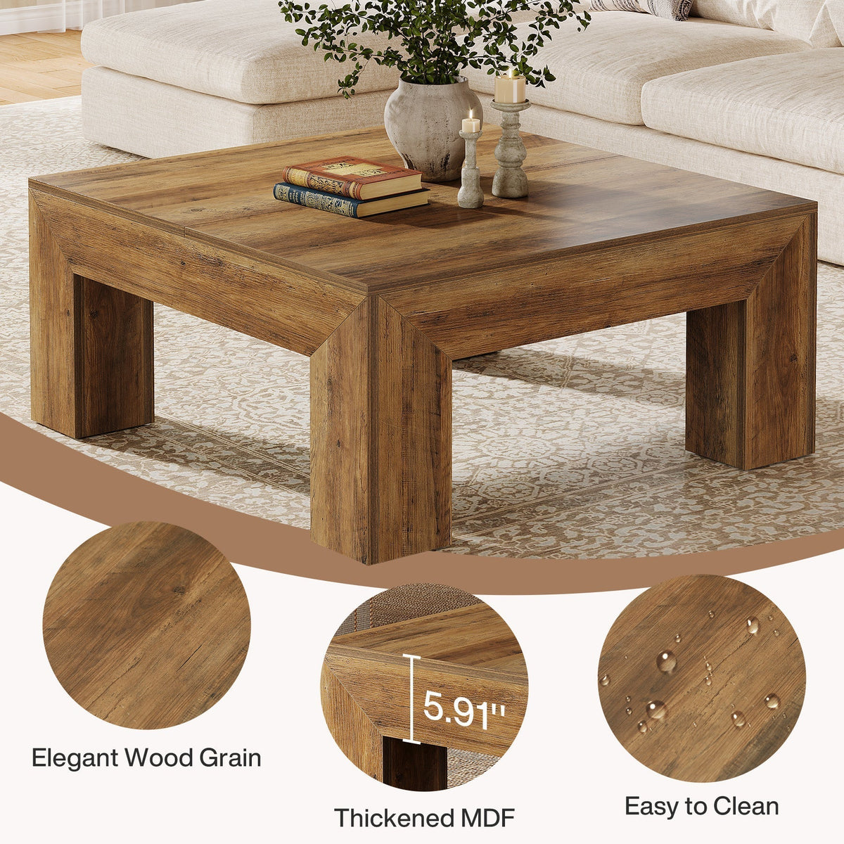39" Coffee Table, Farmhouse Square Accent Center Cocktail Table