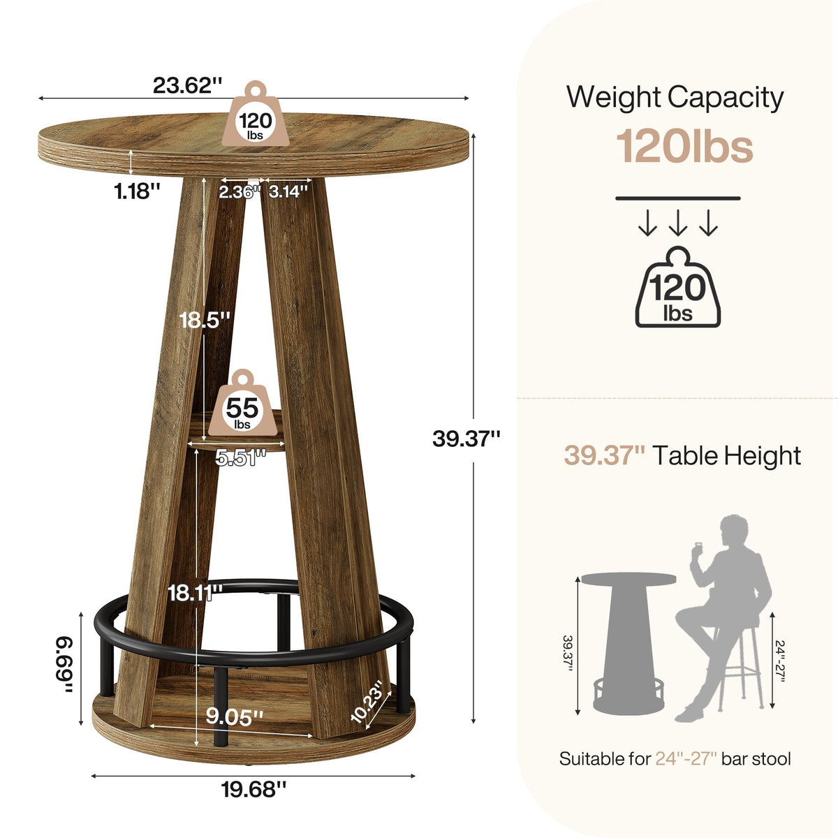 39.4" Bar Table, 3-Tier High Top Bistro Table Cocktail Pub Tables with Metal Footrest