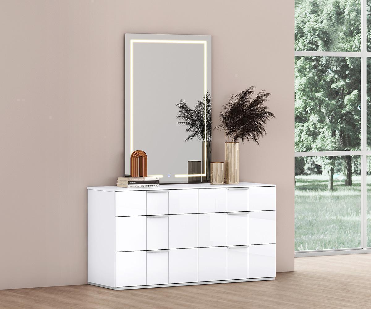 High-Shine Modern White Bed Featuring Built-In Storage, LEDs, and USB Charging