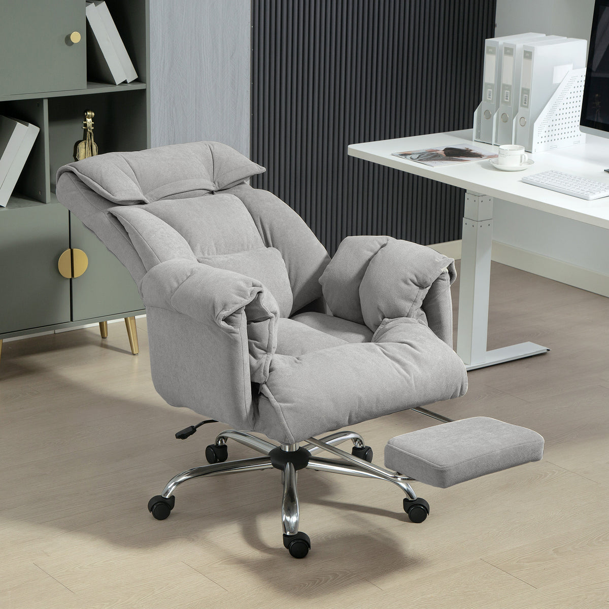 High Back Office Chair, Reclining Desk Chair with Footrest, Swivel Base, Light Grey