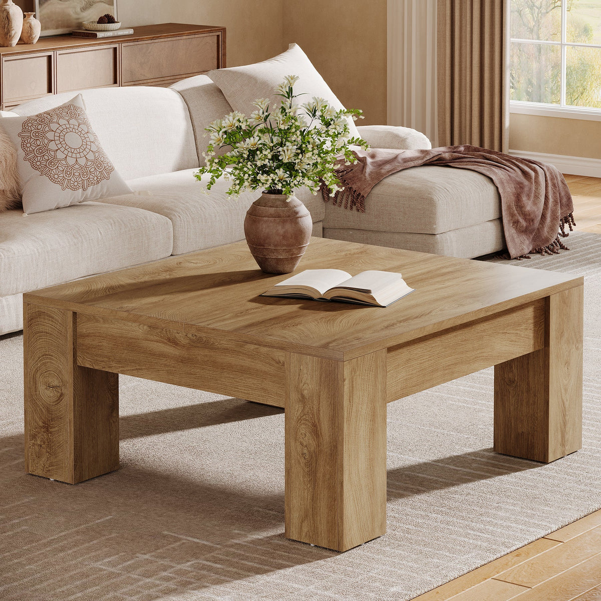 39" Square Coffee Table, Farmhouse Wood Coffee Table with Sturdy Legs