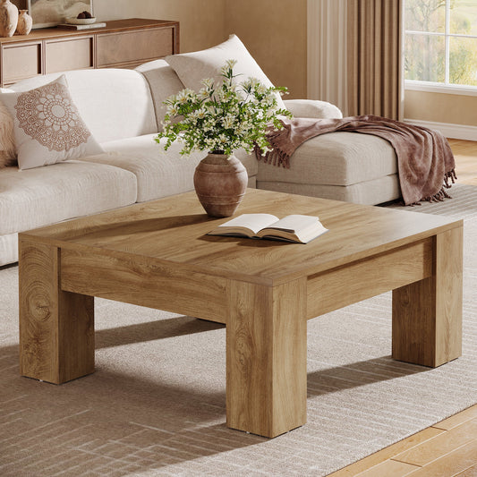 39" Square Coffee Table, Farmhouse Wood Coffee Table with Sturdy Legs