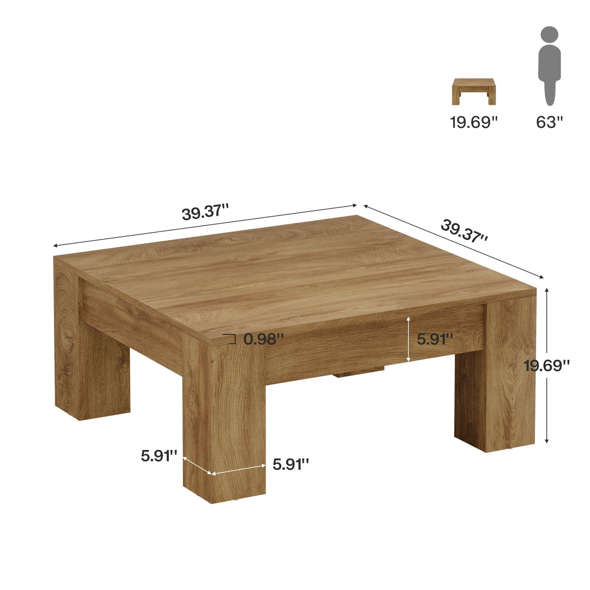 39" Square Coffee Table, Farmhouse Wood Coffee Table with Sturdy Legs
