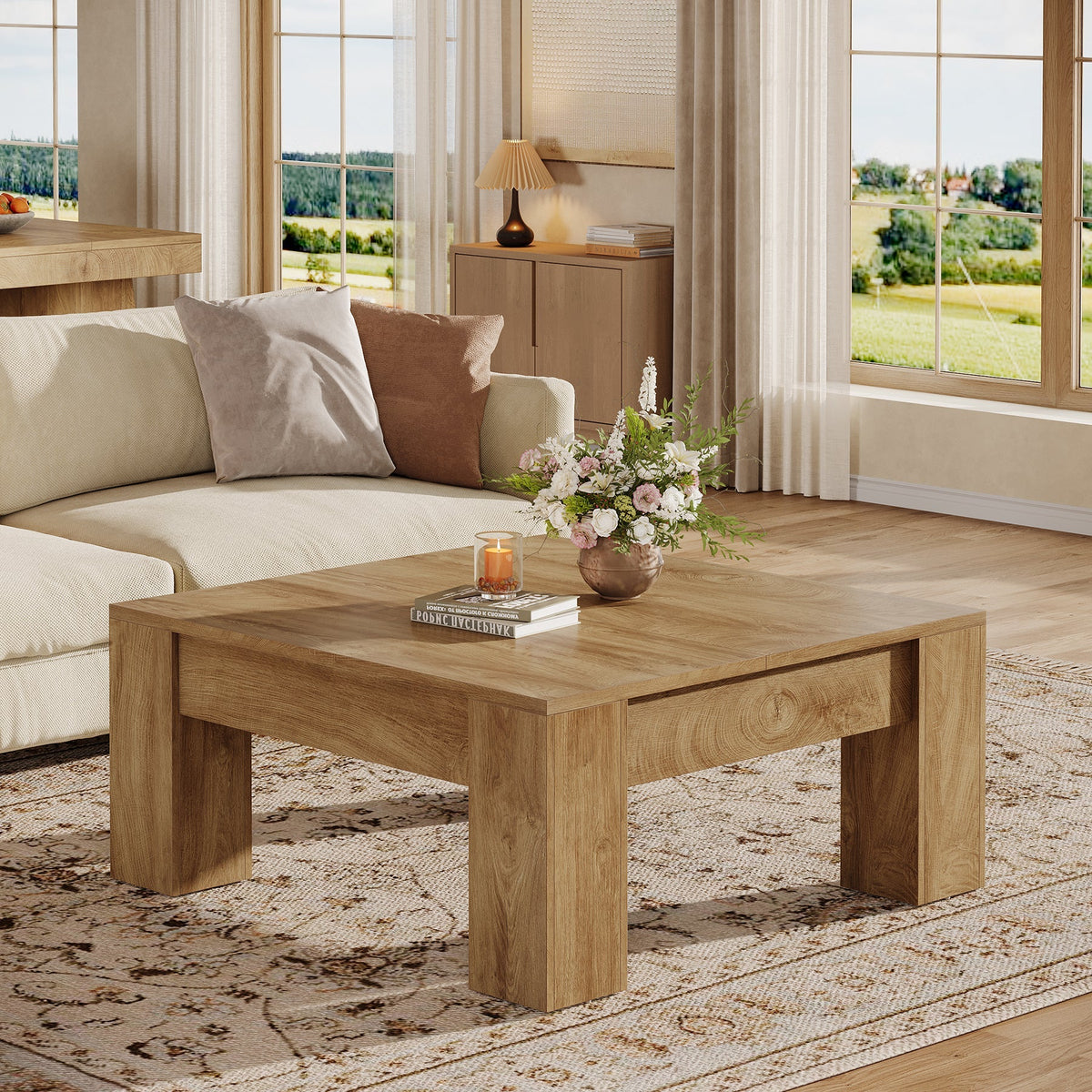 39" Square Coffee Table, Farmhouse Wood Coffee Table with Sturdy Legs