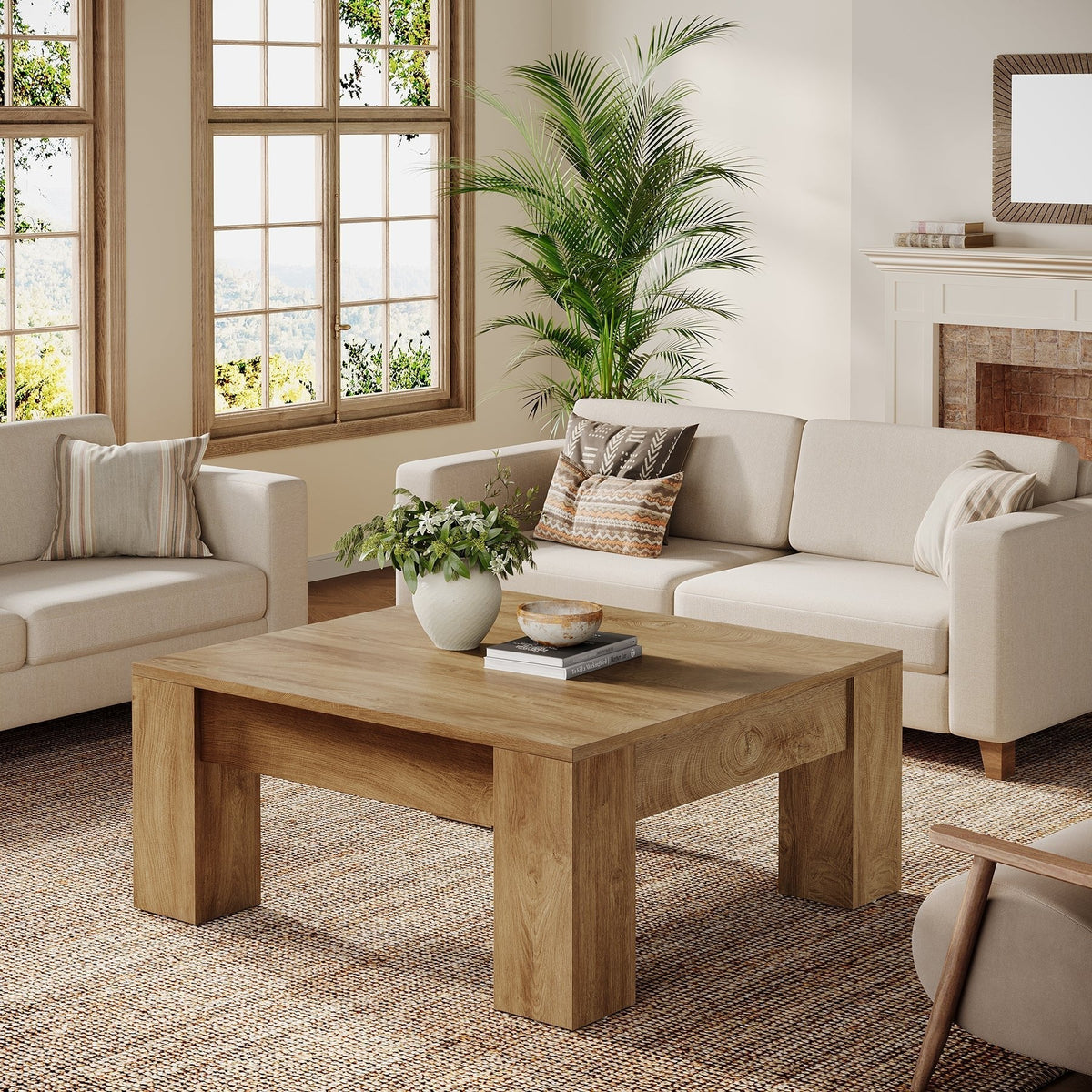 39" Square Coffee Table, Farmhouse Wood Coffee Table with Sturdy Legs