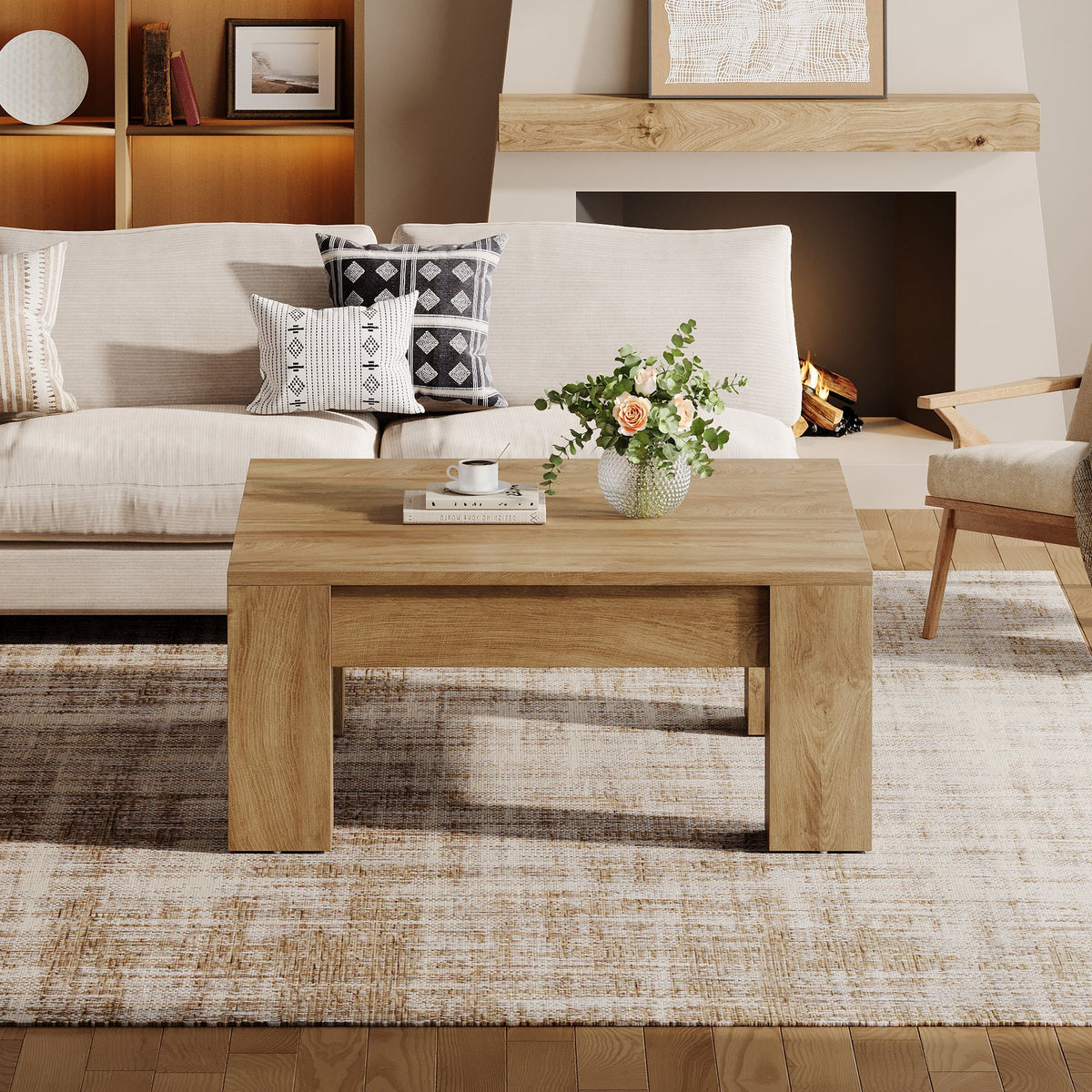 39" Square Coffee Table, Farmhouse Wood Coffee Table with Sturdy Legs