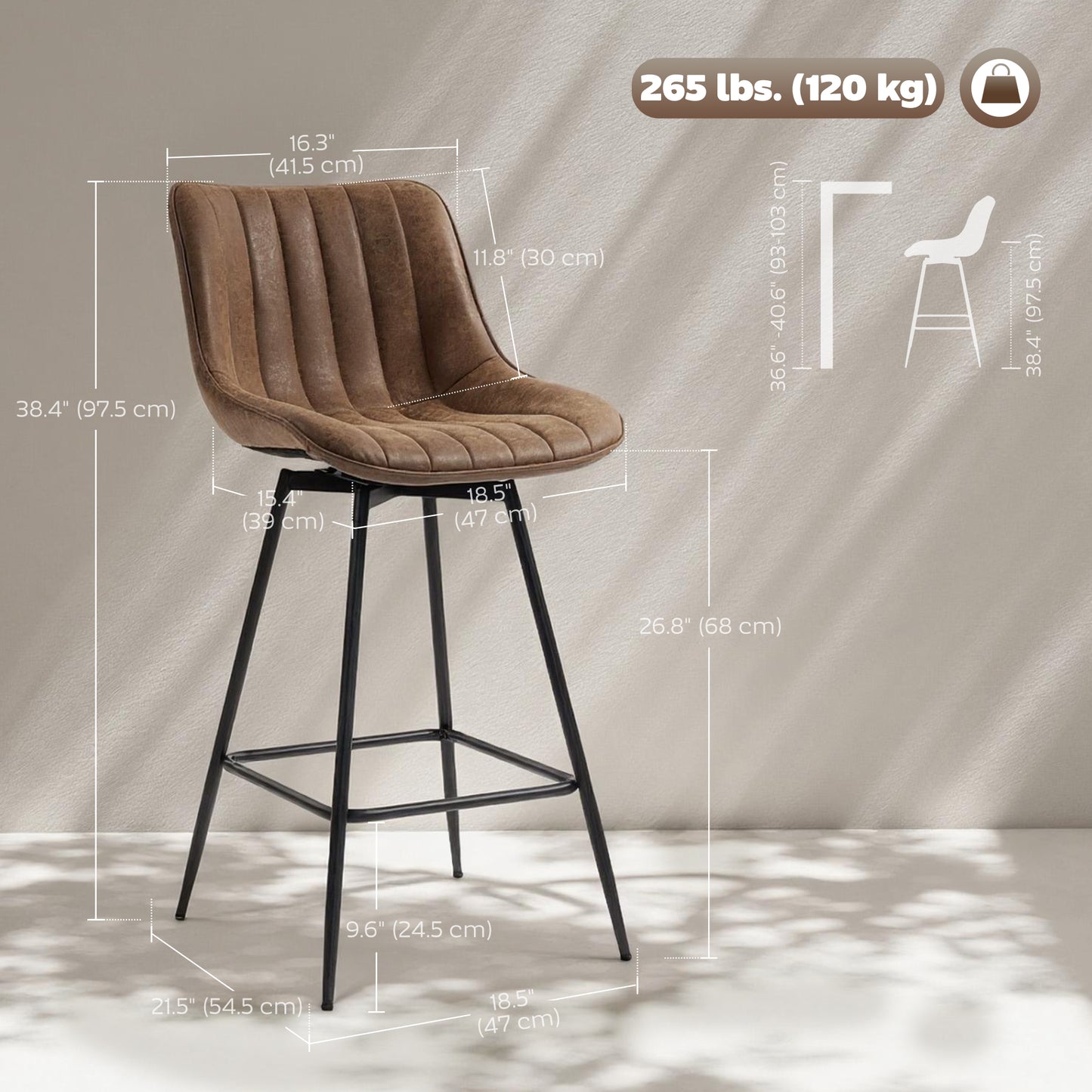 HOMCOM 2-Pack Counter Height Bar Stools, Brown PU Leather, Steel Legs