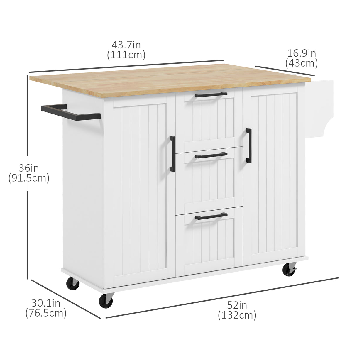 Rolling Kitchen Cart on Wheels with Drop Leaf – 52"W x 36"H
