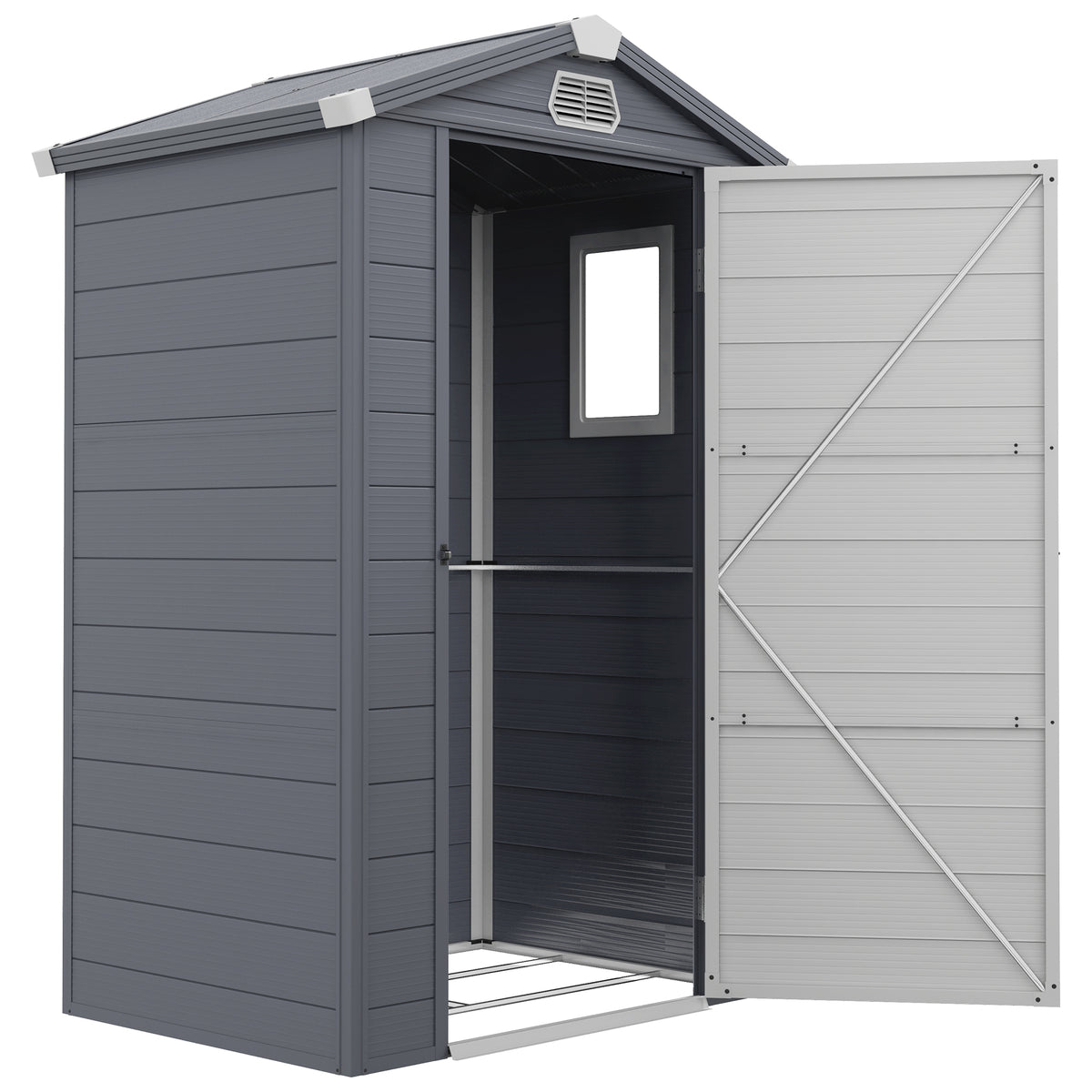 4.4' x 3.3' Plastic Garden Storage Shed with Latch Door, Vents, Sloped Roof