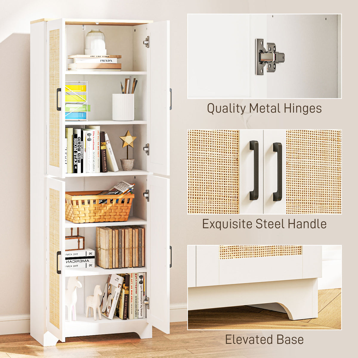 Tall Kitchen Pantry with 4 Rattan Doors and Adjustable Shelves – 24"W x 67"H