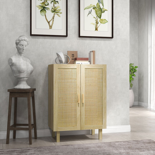 Light wood cabinet with decorative items in a room with a gray wall, plant, and statue.