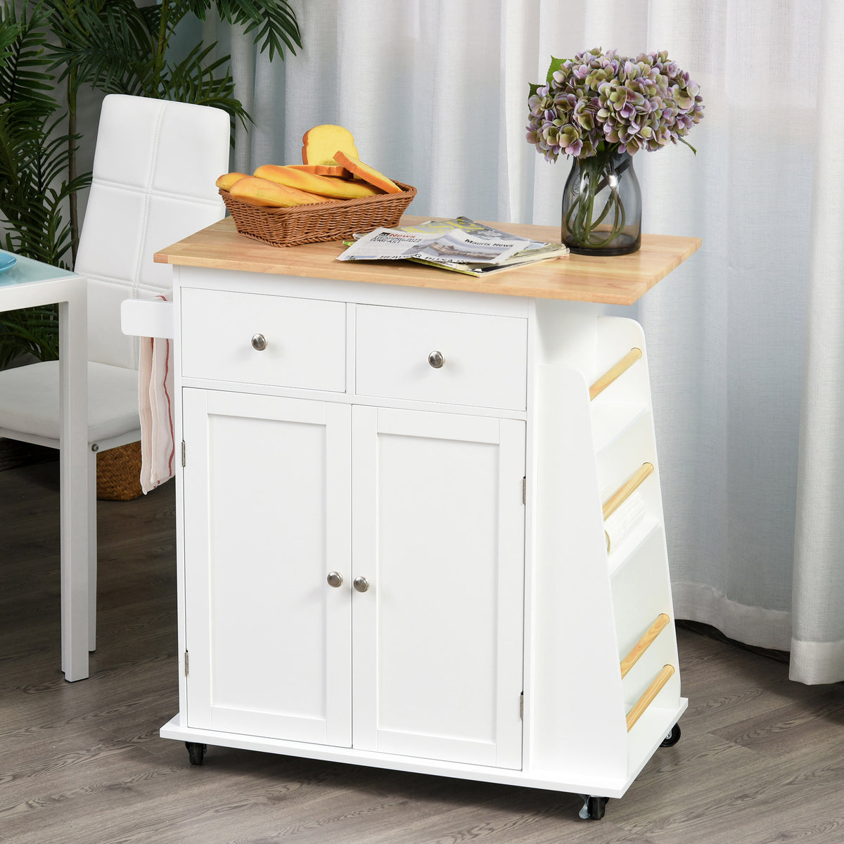 Rolling Kitchen Island Trolley Storage Cart with Rubber Wood Top – 35"W x 35"H