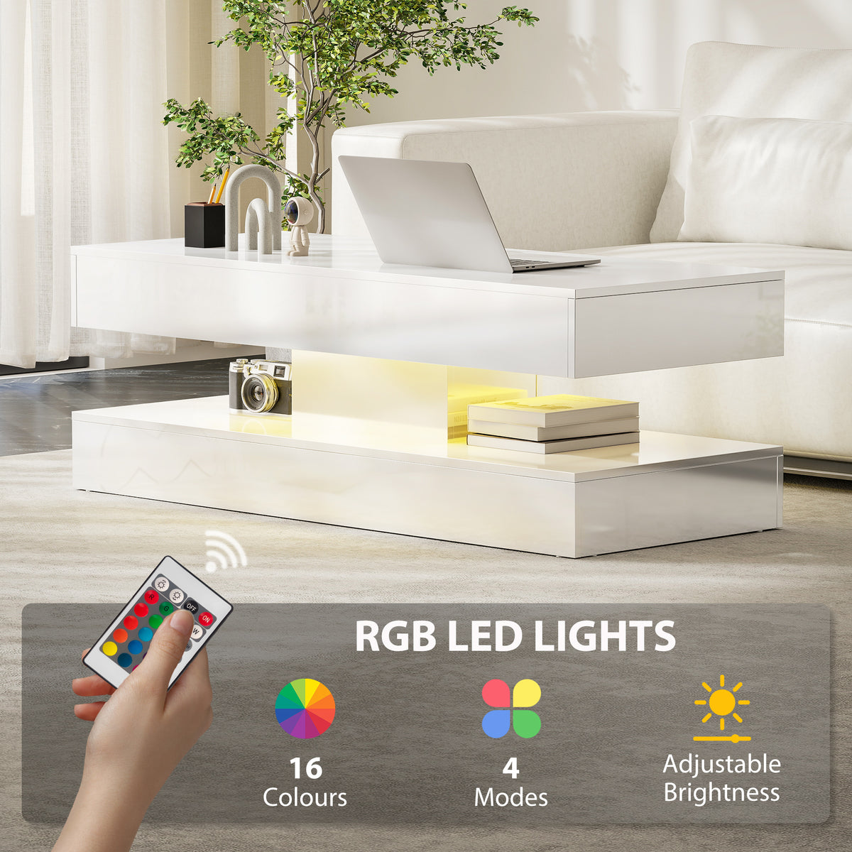 Coffee Table with Adjustable RGB LED Lights, 2 Drawers, Open Shelf and Remote