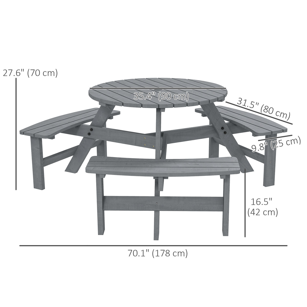 6 Person Round Picnic Table Bench Set with Umbrella Hole, Wood Patio Table with 3 Built-in Benches for Garden, Deck, Backyard – Grey