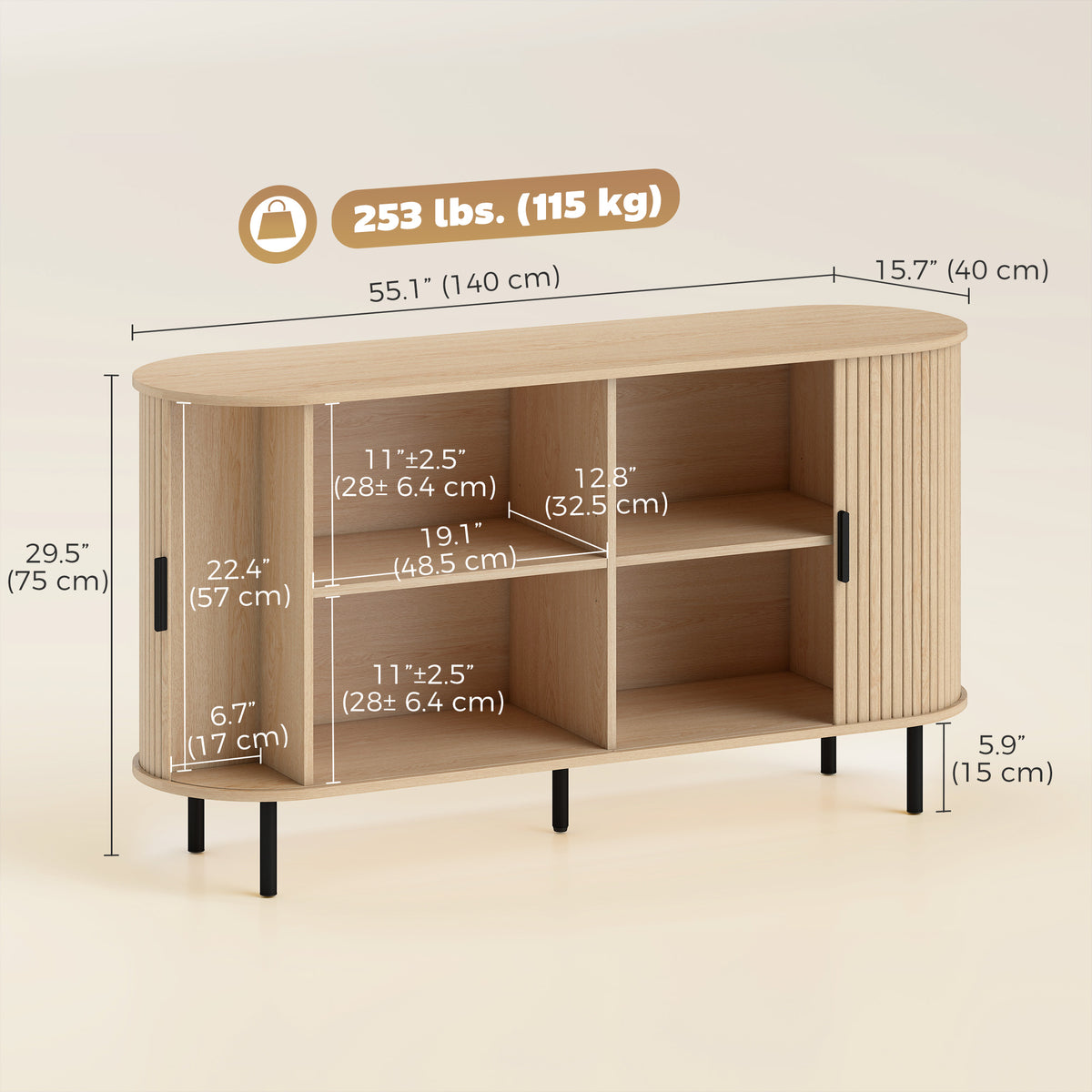 Mid Century Coffee Bar Cabinet with Sliding Doors and Adjustable Shelves – 55"W x 30"H