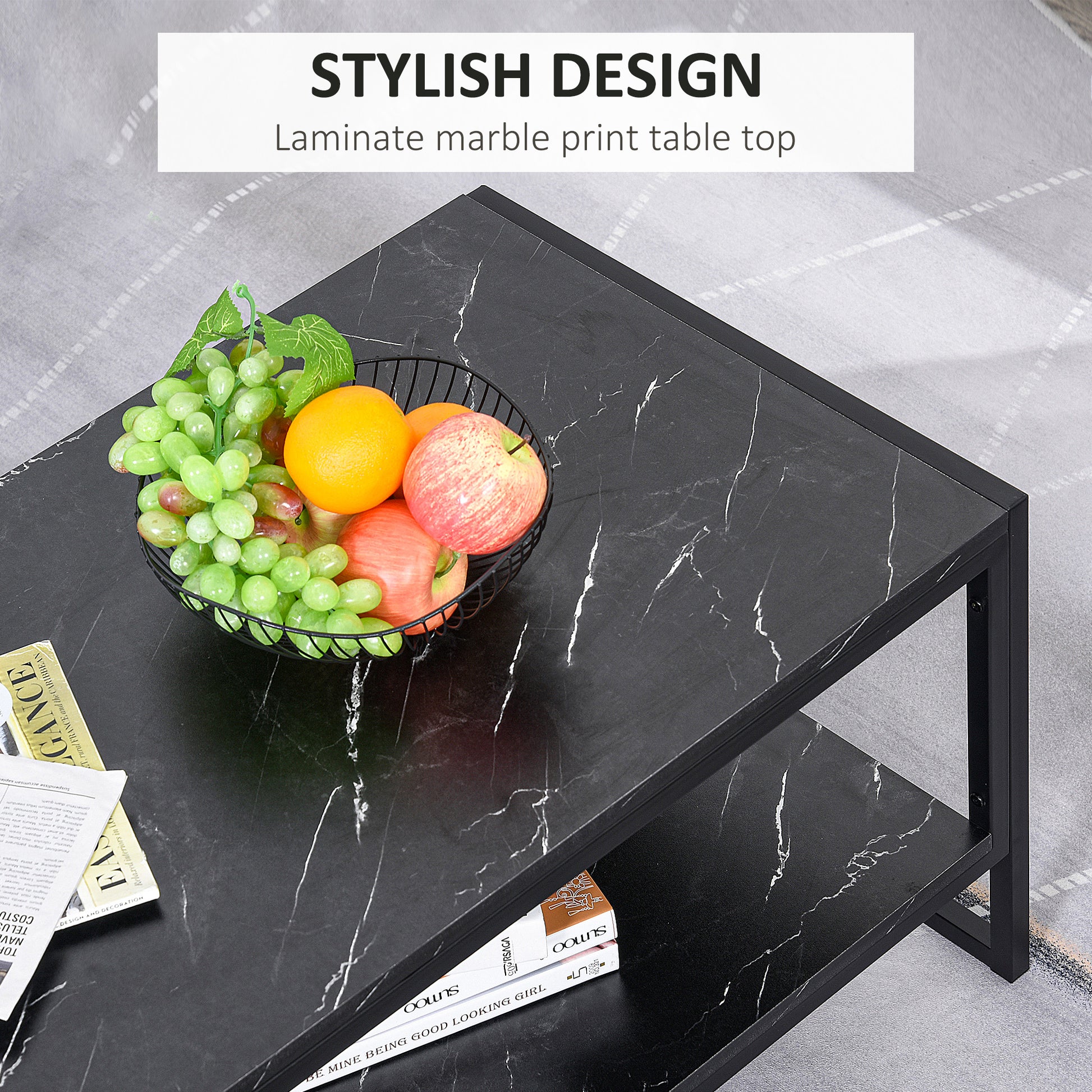 HOMCOM Modern Marble Texture Coffee Table with Storage Shelf for Living Room