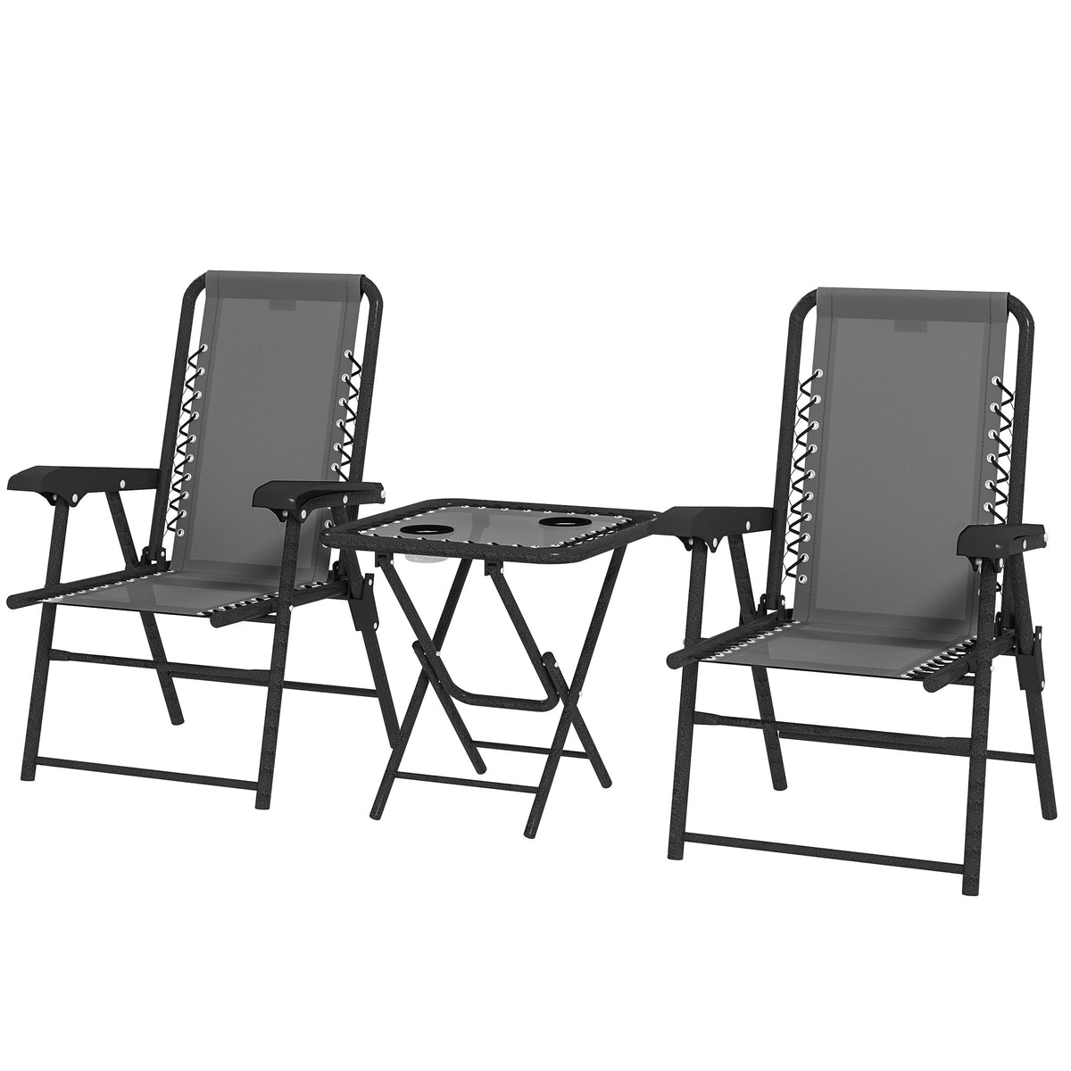3 Pieces Patio Bistro Set, Outdoor Folding Table and Chairs Set, Metal Patio Furniture Set with Cup Holders – Dark Grey, Black