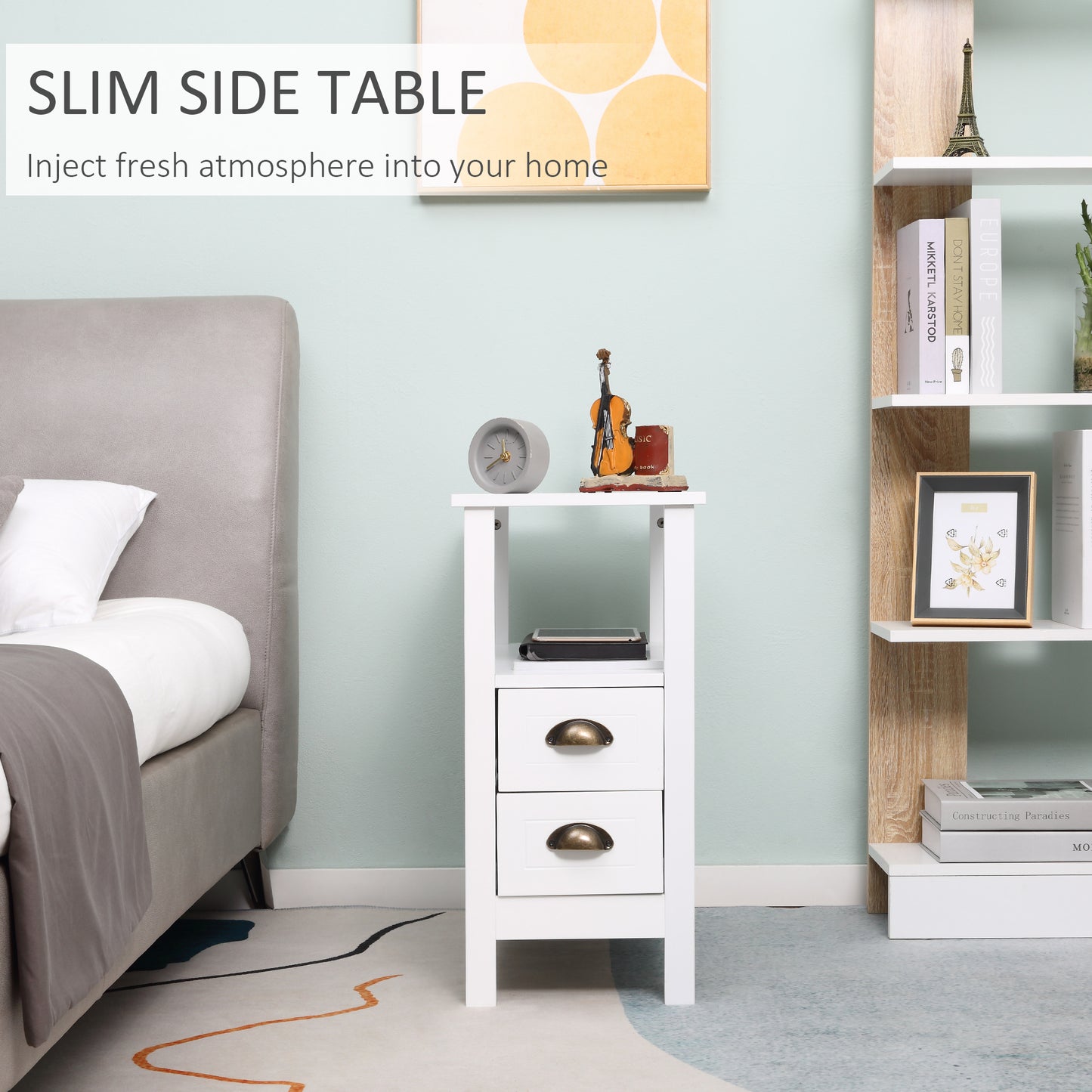 HOMCOM Modern Slim White End Table with 2 Drawers and Storage Shelf
