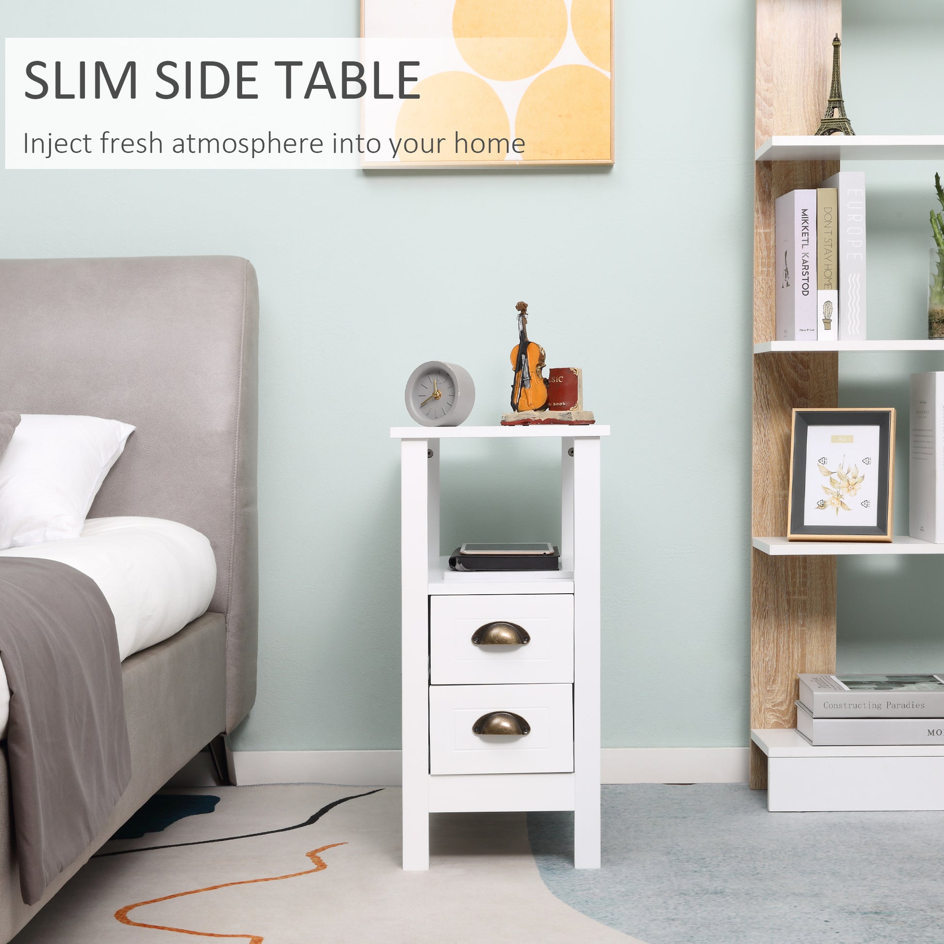 HOMCOM Modern Slim White End Table with 2 Drawers and Storage Shelf