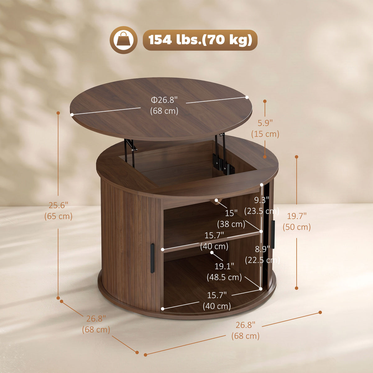 Round Fluted Lift-Top Coffee Table with Tambour Door Storage, Walnut