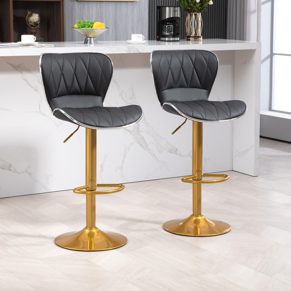 Diamond-Tufted PU Leather Swivel Counter Stools, Gold Base, Set of 2