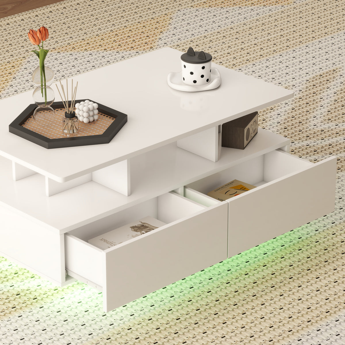 RGB LED Coffee Table with 4 Drawers and Open Shelf, High Gloss White