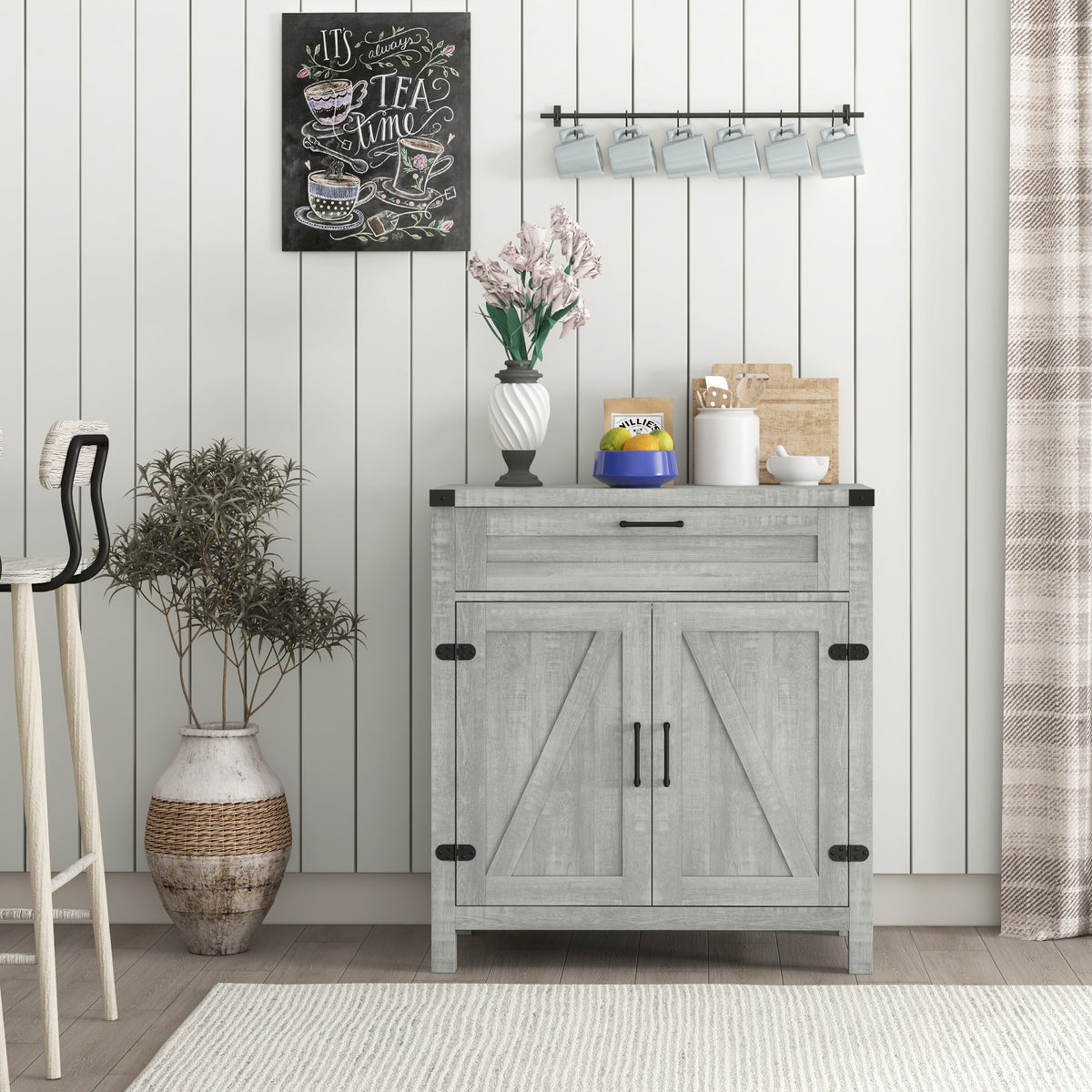 Sideboard Buffet Cabinet with 2 Rustic Barn Doors and Drawer – 30"W x 33"H