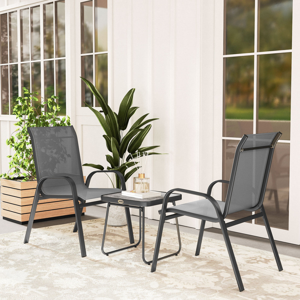 Outdoor Bistro Set of 3, 3-Piece Patio Set with Breathable Mesh Fabric, Stackable Chairs and Square Table