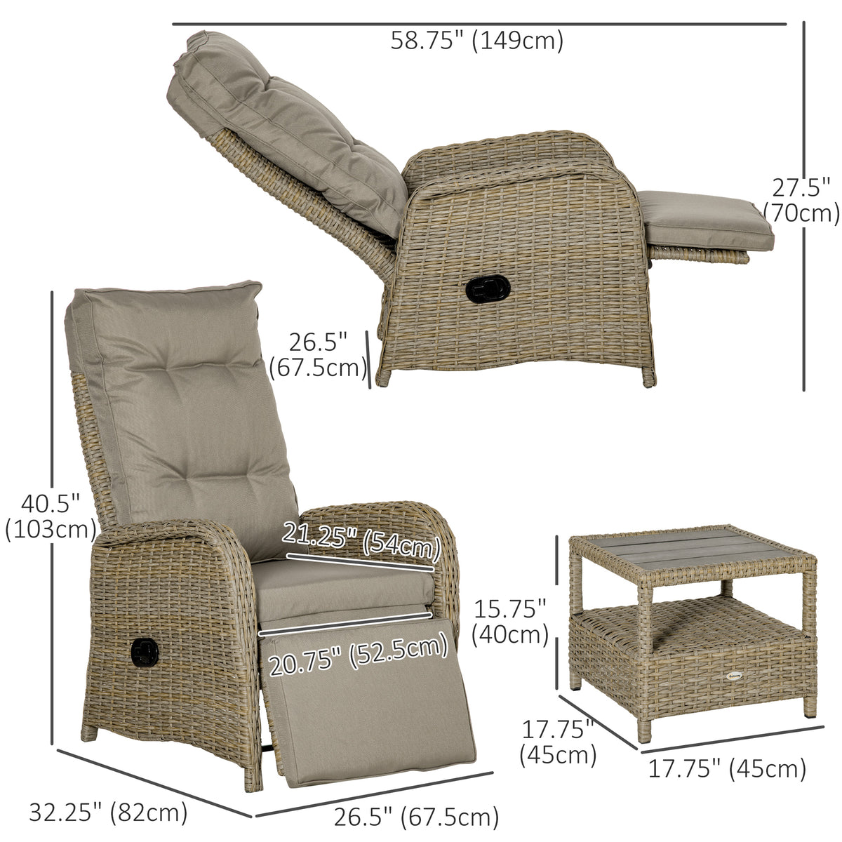 3 Pieces Patio Wicker Bistro Set, PE Rattan Coffee Table & Adjustable Recline Chairs Furniture Set with Cushions and Wood Grain Plastic Top – Khaki