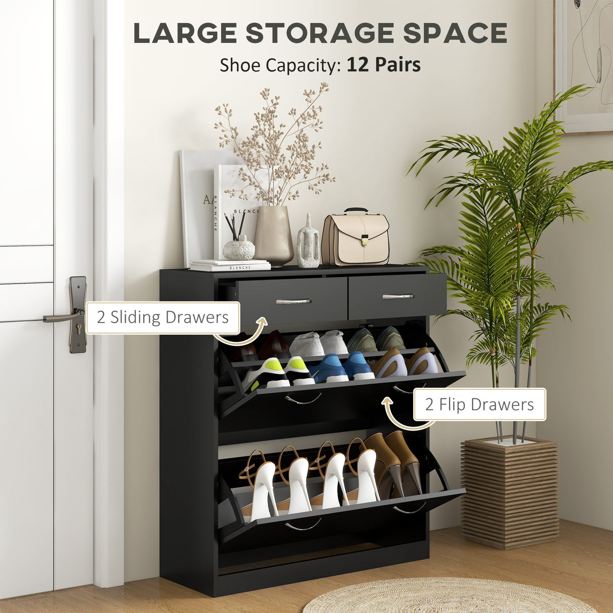 Narrow Shoe Storage with 2 Flip Drawers and Adjustable Shelves – 32"W x 36"H