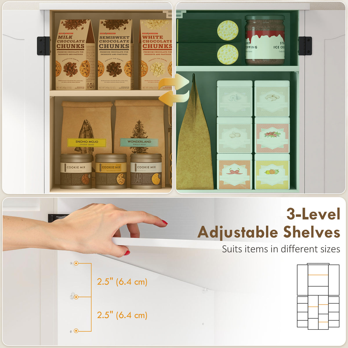 Storage Cabinet with Adjustable Shelves and 8 Door Spice Racks – 24"W x 64"H