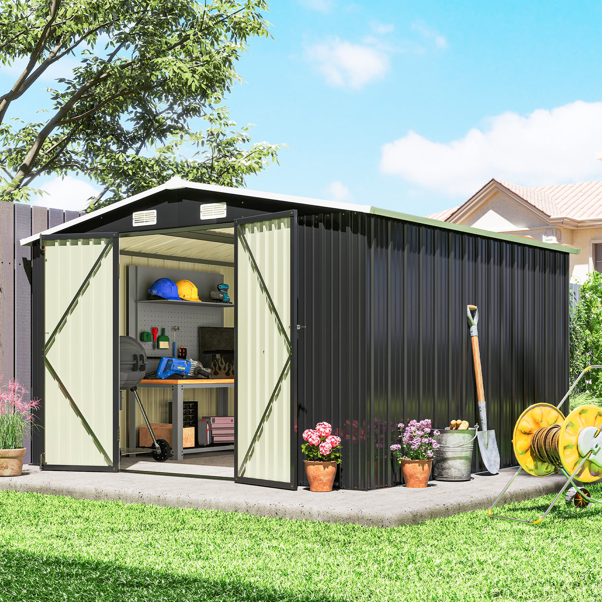 10' x 10' Metal Shed, Heavy Duty Outdoor Storage Shed with 4 Vents and Lockable Double Doors